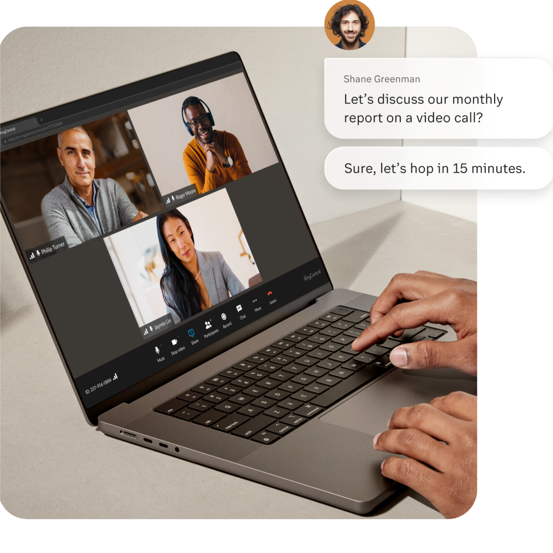 A laptop showing a team members on a video call